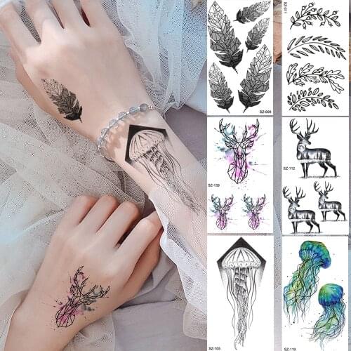Black Tribe Feather Leaf Tattoo Stickers Women Body Arm Temporary Tattoo Paste Men Wrist Flash Elk Waterproof Tatoos Jellyfish