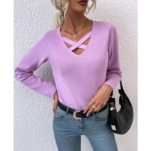 2021 New Sexy Open-chested Sweater Womens Chest Cross Strap Hollow Knit Sweater Womens Office Chic Pullover Sweater y2k