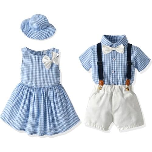 New Summer Kids Boy Girl Clothing Girls' Dress Hat Suit Boys' Shirt Overalls Suit 6M-6T Sibling Outfit Childrens Clothing Set