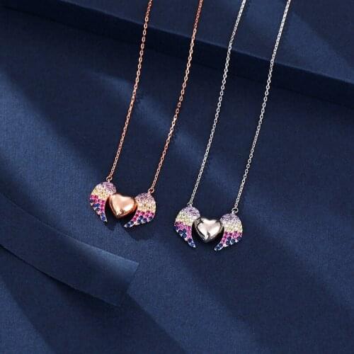 Original 925 silver Europe & American heart-shaped angel wings zircon pendant necklace 2020 woman DIY jewelry Valentine Day gift