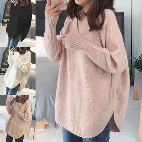 V-Neck Long Sleeve Pullover Sweater Warm Solid Color Arc Hem Pullover Sweater Streetwear