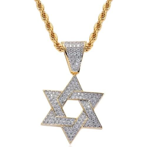 Rhinestone Chacin Ice Out Cubic Zircon Six-Pointed Star Pendant Necklace Hip Hop Men Charm Chain Jewelry
