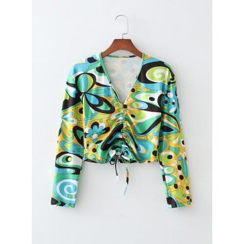 Spring T-Shirts Women For 2021 Summer Print Color Long Sleeve Sexy V-Neck Lace Up Casual Shirring Female Blouse C2616