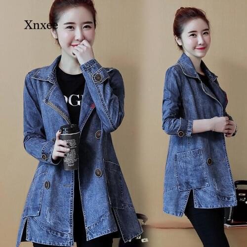 2021 Womens Autumn and Winter New Womens Denim Jacket Retro Casual Double-Breasted Long Mid-Length Jeans Jacket Lapel Collar J