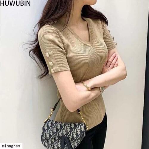 2021 Summer New Korean Womens V-Neck Chic Metal Back Embellishment Tight Fashion Elegant Thin Ice Silk Avant-Garde T-Shirt