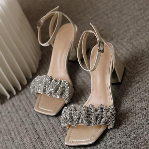 2021 Sandles Women Chunky Heels Ladies High Heel Sandals with Diamond Decoration High Heels Zapatos De Mujer Shoes for Women W