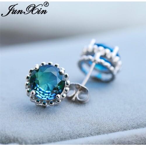 Female Cute Green Blue Rainbow Crystal Round Stud Earrings For Women White Gold Rose Gold Color Mystic Zircon Wedding Earrings
