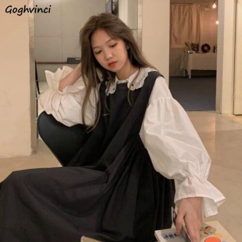 Women Sets Peter Pan Collar Shirt Puff Sleeve Solid Loose O-neck Dress Sweet Students Wide-waist Elegant Party Daily Casual New