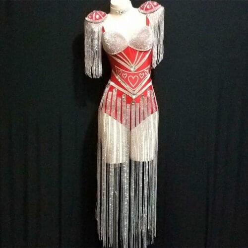 Birthday Celebration Performance Female Slim Red Rhinestone Tassels Leotard Fashion Sexy Womens Shining Dance Shinny Jumpsuits