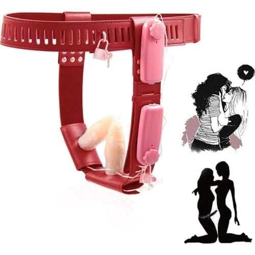 Womens Chastity Pants Thong Harness PU Leather Female Chastity Belt Underwear Panties With Double Anal Butt Plug Dildo Sex Toys