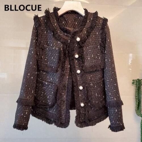 BLLOCUE 2020 Autumn Winter Fashion Tassel Tweed Woolen Coat Womens Black Bright Silk Pearl Buckle Small Fragrance Coat