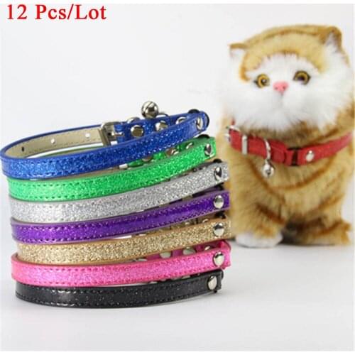 12 Pcs Colorful Glitter PU Leather Pet Collars For Cat Puppy Neck Kitten Necklace with Bells and Elastic Safety Cat Collar S M L