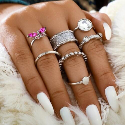 7 Pcs/set Boho Retro Pink Gem Butterfly Crystal Ring Charm Moon Frosted Micro Inlay Geometric Ring Set Women Party Jewelry Gifts