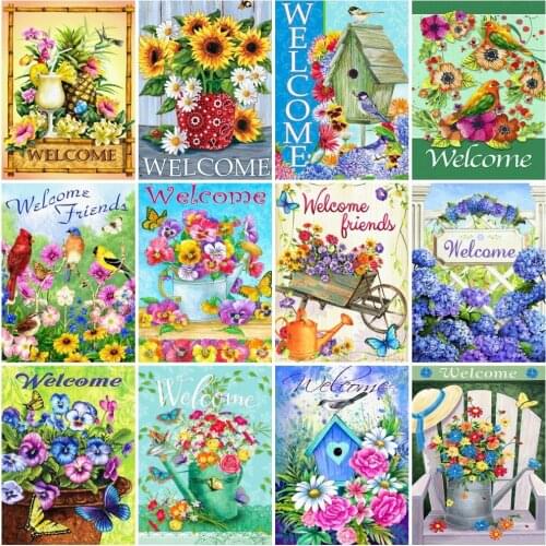 AZQSD Full Drill Diamond Embroidery Welcome Text Handmade Gift Diamond Painting Landscape Picture Of Rhinestones Home Decor