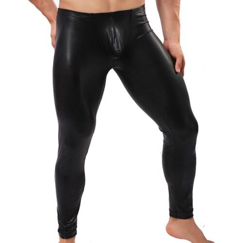 Men New High Waist PU Leather Pants Leggings Mens Clubwear Night Pants Elastic Trousers
