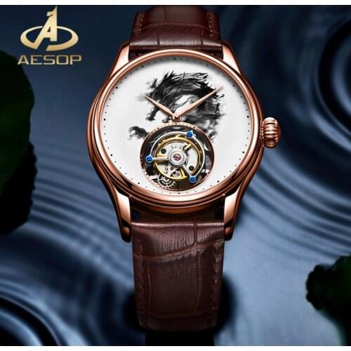 AESOP Ink Painting Dragon Dial Watch 100% Real Tourbillon Men Mechanical Watch Waterproof Double-sided Sapphire Glass Watch
