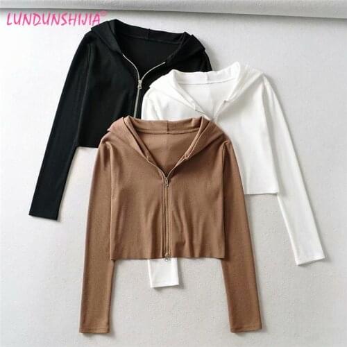 LUNDUNSHIJIA 2020 New Spring Autumn Fashion Ribbed Cardigan Women Hooded Fashion Long Sleeve Ladies Short Style Cardigan Coats