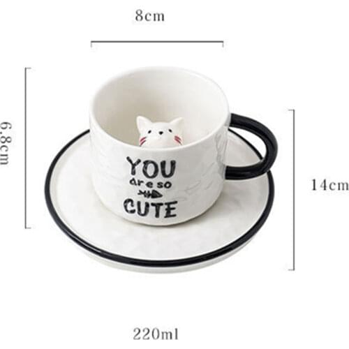 Creative Ceramics Mug with Spoon Tray Cute Cat Relief Coffee Milk Tea Handle Porcelain Cup Couple Water Cup Novelty Gifts