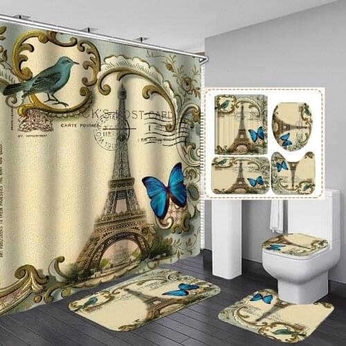 Paris Butterfly Landscape Eiffel Tower Printed Shower Curtain Set Non-slip Carpet Toilet Seat Cushion Shower Curtain Set