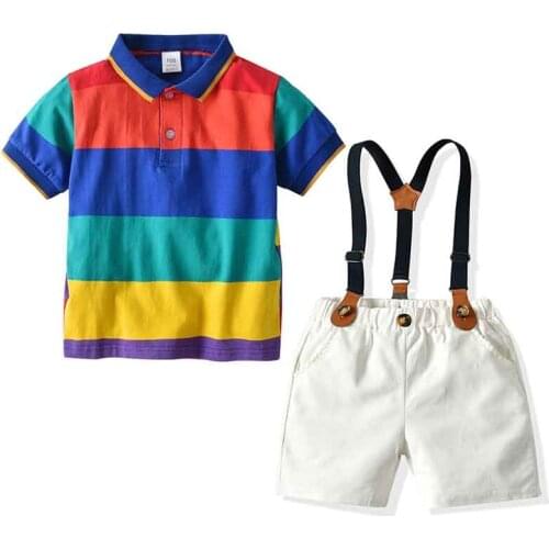 Toddler Boy Clothes Summer Fashion Boys Color Striped Set Turn-down T-shirt + Solid Shorts Infant Children Costume Outfits