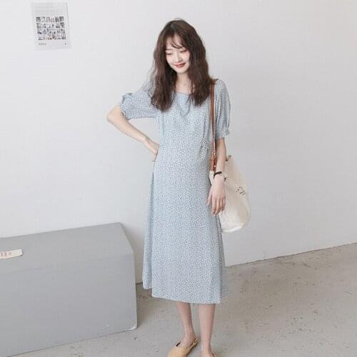Summer Maternity Print Dresses Expectant Mother Round Neck Back Lace Dress Pregnant Women Loose Fashion Dress Pregnancy Clothes