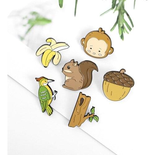 Cute Woodpecker Monkey Squirrel Enamel Brooch For Women Girls Cartoon Animal Fruit Tree Banana Lapel Badge Pins Jewelry Gifts