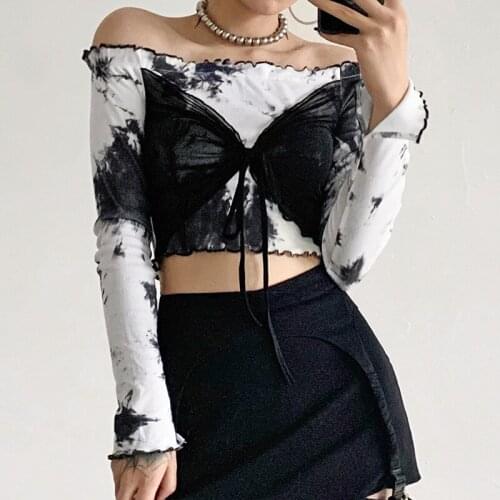 Fashion tie dye tie mesh front long-sleeved T-shirt off-shoulder ruffle crop top