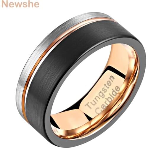 Newshe Mens Charm Tungsten Carbide Black Silver Color Rings Rose Gold Color Groove Line Wedding Bands For Men TRX065
