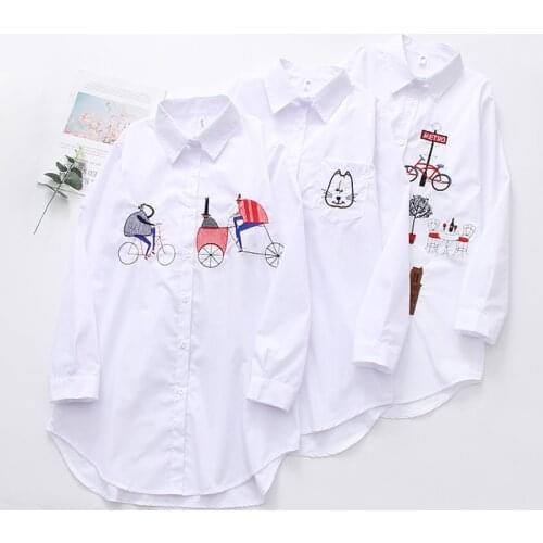 2021 100% new womens long sleeve white shirt womens embroidered button cotton top womens Lapel casual shirt