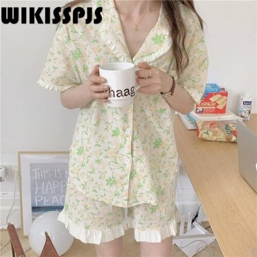 2021 Summer New Style Ruffle Stitching Lovely Cardigan Housewear Womens Suit Pajamas Loungewear Bedroom Set Kawaii Pajama