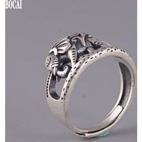 New 100% solid S925 silver retro female Chinese style auspicious baby elephant open ring Thai silver matte engraved Woman ring