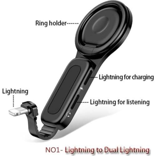 Dual Apple Interface Ring Bracket Adapter USAMS 3.5mm Audio and Charger Phone Holder 2A Fast Charging OTG Adapter for iPhone iOS