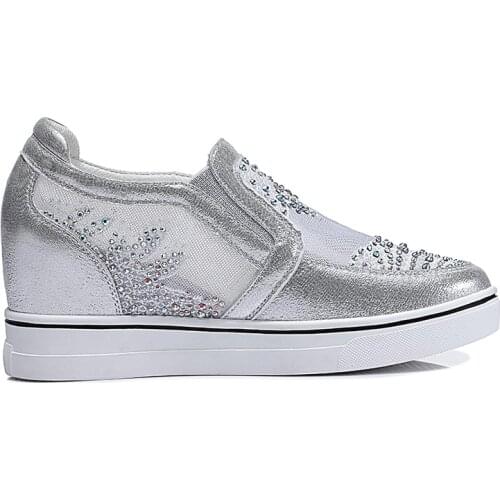 Round-Toe Waterproof Platform Low-Top Shoes Rhinestone Mesh WomenS Shoes Inner Increase Flat-Bottom WomenS Shoes