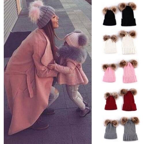 Dropshipping Winter Double Plush Ball Cap Hat for Women Baby Girls Knitted Beanies Cap Hat Thick Female Autumn Gorro New