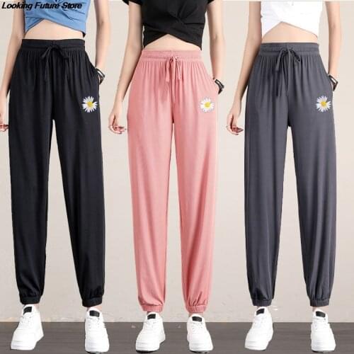 Slacks Womens Loose Summer Pants 2021 Summer Women Casual Long Soft Ice Silk Pants Black Woman High Waist Trousers