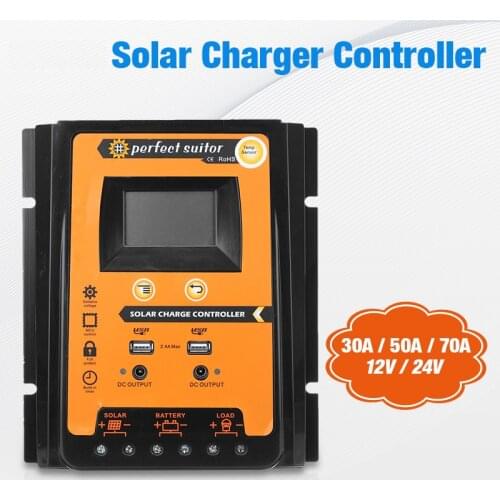 Best Solar Controller 12V 24V 30A 50A 70A Solar Charge controller IP 32 Waterproof Panel Battery Regulator Dual USB LCD Display