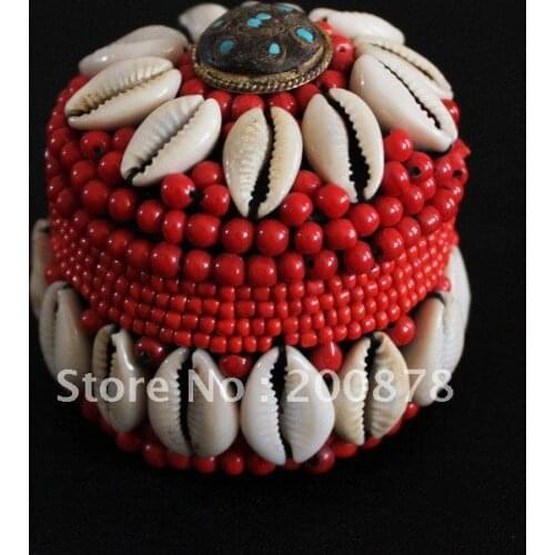 TJB932 Tibetan hanmade white shell red beads decorative box,7cm, round tent