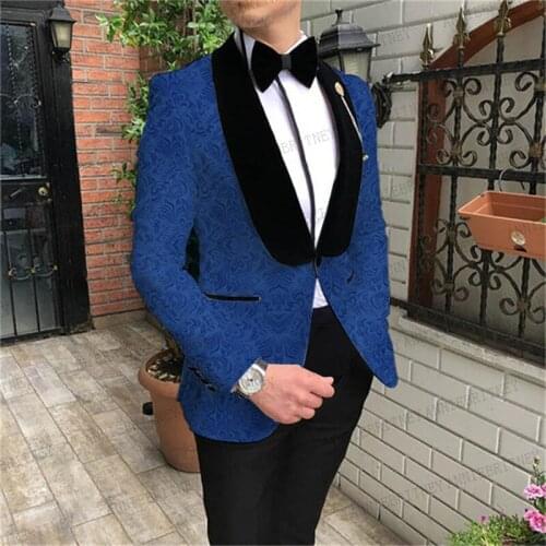 Jacquard Men Suits with Black Velvet Shawl Lapel Slim fit Royal Blue Blazer Men Groom Wedding Suit Tuxedo Jacket Pants 2 pieces