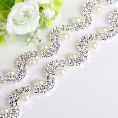 Pearl wavy glass crystal Rhinestone chain For DIY Wedding Dress Decoration and headpiece jewelry accessories 1yard