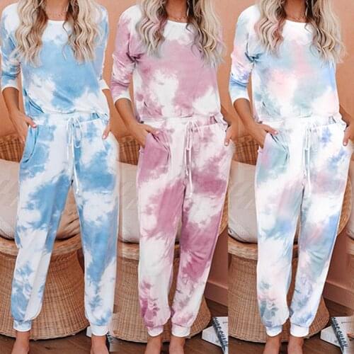 Women Casual Tie Dye Outfits Blouse Pockets Drawstring Pants Sports Tracksuit This tracksuit set is made of soft and breathable