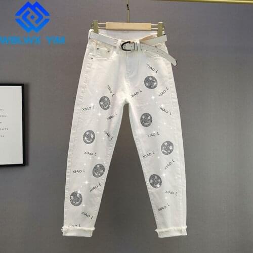 High Waist Jeans Women Fashion Letter Diamonds Pocket Loose Washed Jeans Female Spring Autumn Womens Plus Size Denim Harem Pants