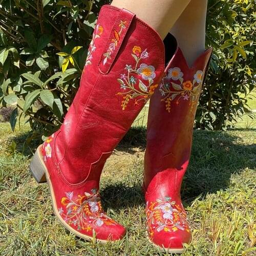 Dropship 2021 New Western Boots Wood Sole Pointed Toe Slip-On Floral Flower Retro Comfy Woman Knee-High Boots Plus Size 48
