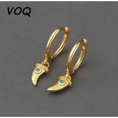 VOQ 925 Sterling Silver Blue Micro Zircon Horn Crescent Hoop Earrings for Women Ethnic Style Jewelry