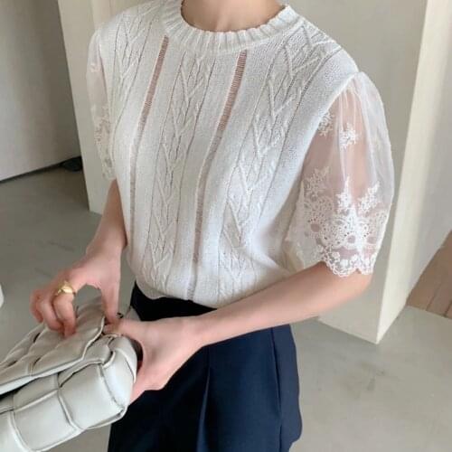 New Mesh Lace Short Sleeve Women Tops Summer See Through Hollow Out Ice Silk Knitted Thin Blouses Solid White Blusa Mujer