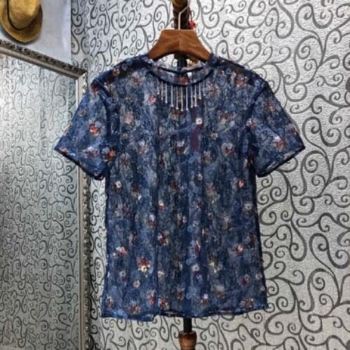 2021 Summer Fashion Lace Tops High Quality Women O-Neck Vintage Print Crystal Beading Deco Short Sleeve Casual Dark Blue Tops