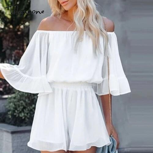 Tobinoone Off Shoulder Ruffles White Jumpsuit Women High Waist Backless Half Casual Palysuit Summer Beach Holiday Jumpsuits