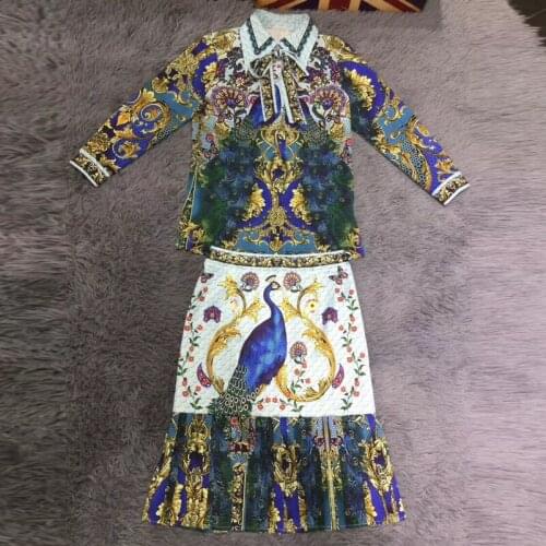 2019 New Designer Summer Fashion Suit sets Women long sleeve bow shirt peacock Printed Bodycon Ruffle skirt Vintage 2-piece set