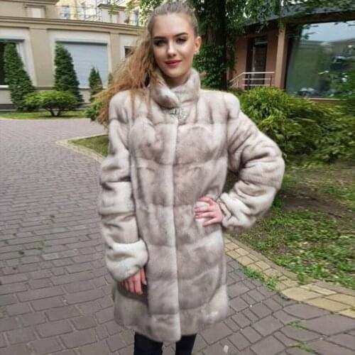 Knee-Length Fur Coat With Stand Collar Women Fashion Solid Color Real Fur Jacket 2021 New Autumn Winter Furry Overcoat