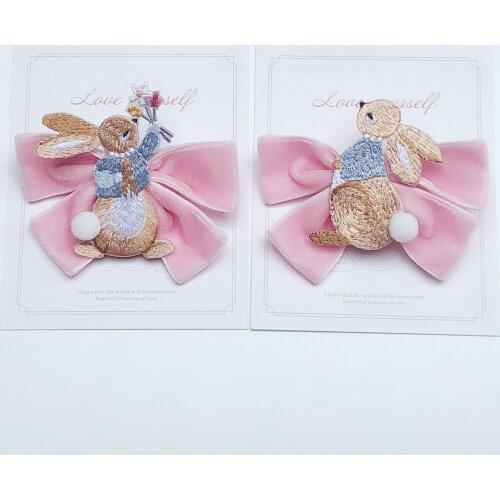 1pc Boutique Fashion Velvet Bow Pom Pom Bunny Hairpins Cute Embroidered Floral Rabbit Hair Clips Princess Easter Headwear
