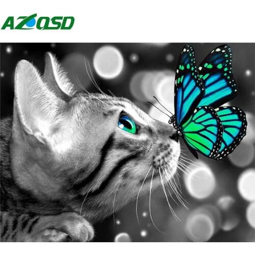 AZQSD Diy Diamond Painting Cat And Butterfly Full Square Drill Home Decoration Diamond Embroidery Animal Wall Sticker